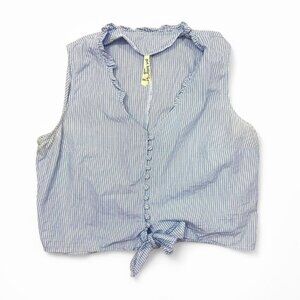 Y2K Girl Krazy Blue White Pinstripe Tie-Front Blouse With Ruffle Trim Size M‎
